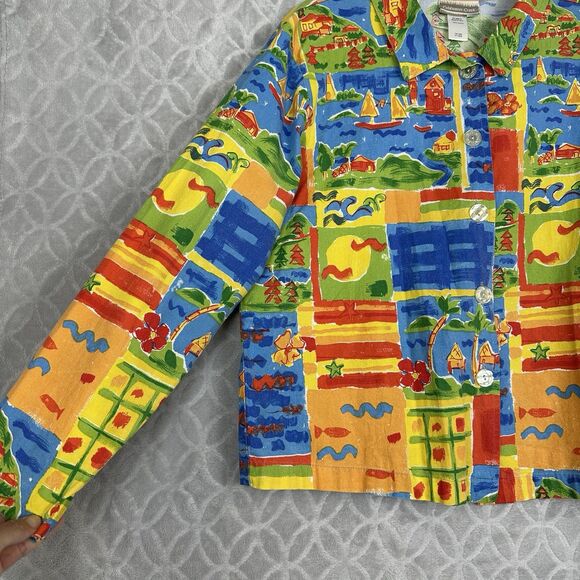 Vtg Coldwater Creek Top Womens L Colorful Tropical Boxy Button Shirt Art to Wear - Picture 3 of 13